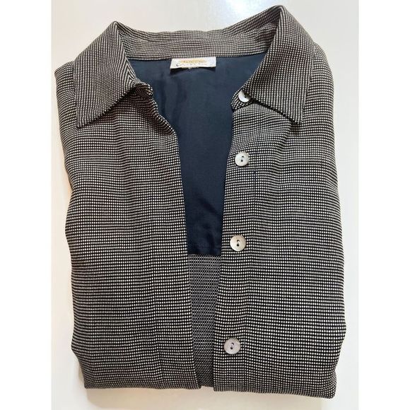 Talbots Button Front Shirt Sz L Wool Blend Checkered Collared Black White - Picture 9 of 11